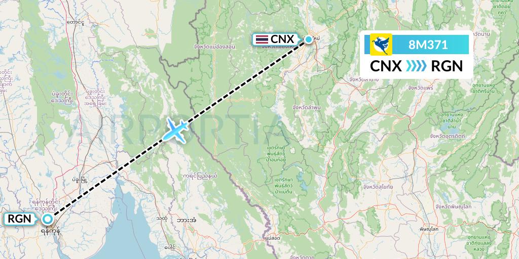 8M371 Myanmar Airways International Flight Map: Chiang Mai to Yangon