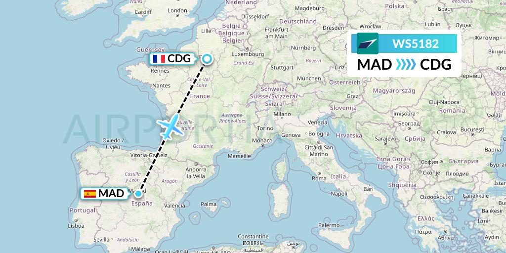 WS5182 WestJet Flight Map: Madrid to Paris