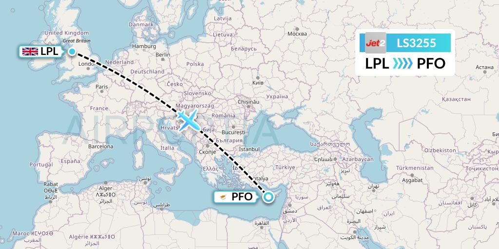LS3255 Jet2 Flight Map: Liverpool to Pafos