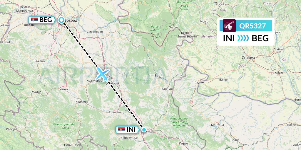 QR5327 Qatar Airways Flight Map: Nis to Belgrade