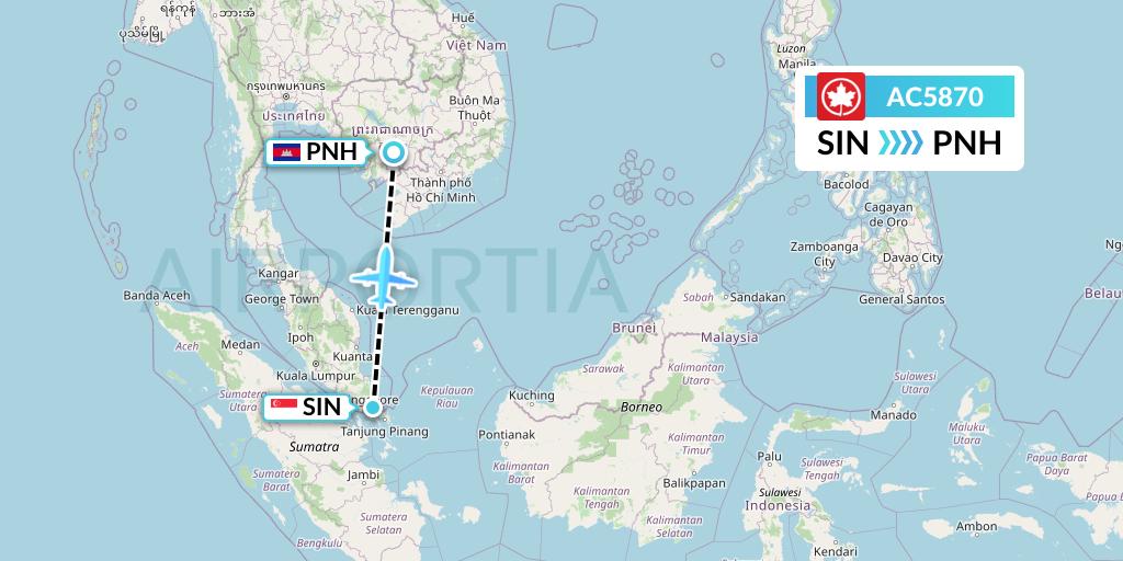 AC5870 Air Canada Flight Map: Singapore to Phnom Penh