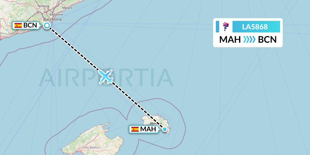 LA5868 LAN Airlines Flight Map: Mahon to Barcelona