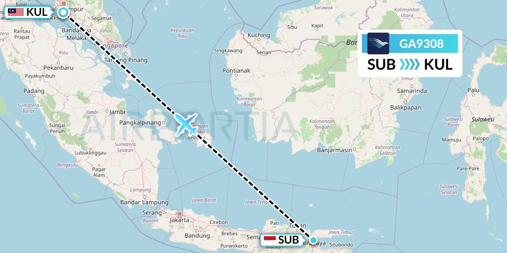 GA9308 Garuda Indonesia Flight Map: Surabaya to Kuala Lumpur