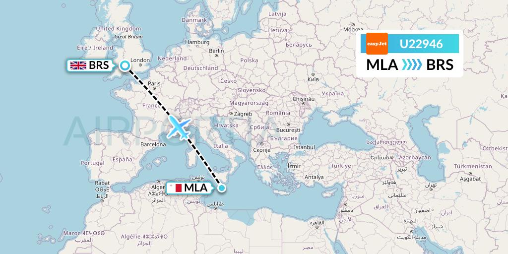U22946 EasyJet Flight Map: Malta to Bristol