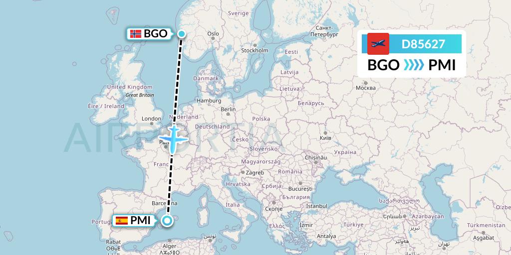 D85627 Norwegian Air International Flight Map: Bergen to Palma de Mallorca