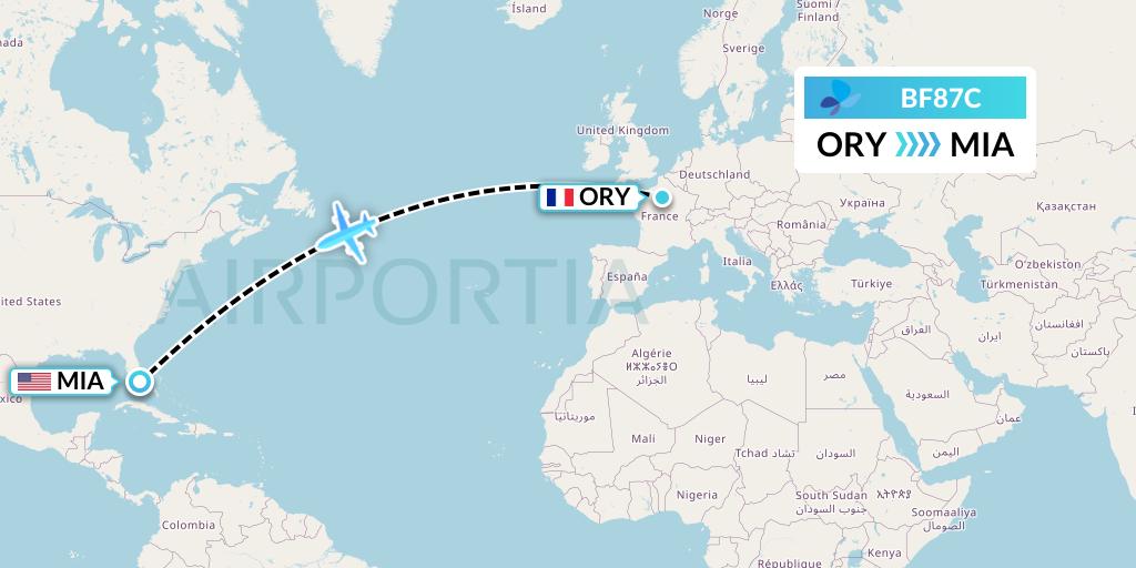 BF87C French Blue Flight Map: Paris to Miami