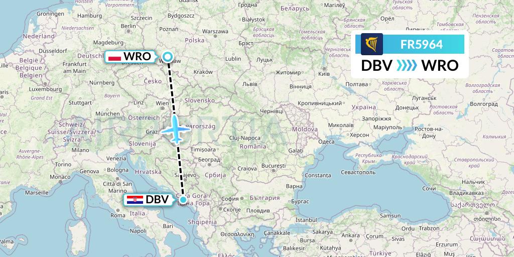 FR5964 Ryanair Flight Map: Dubrovnik to Wroclaw