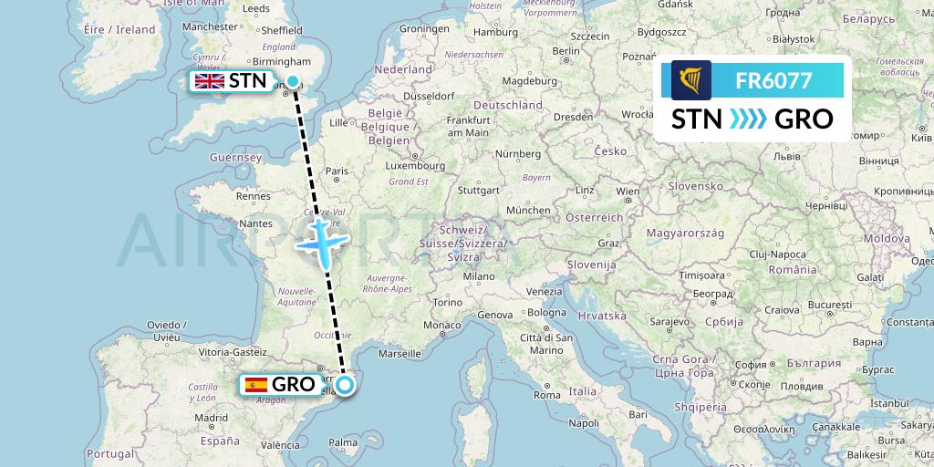 FR6077 Ryanair Flight Map: London to Girona
