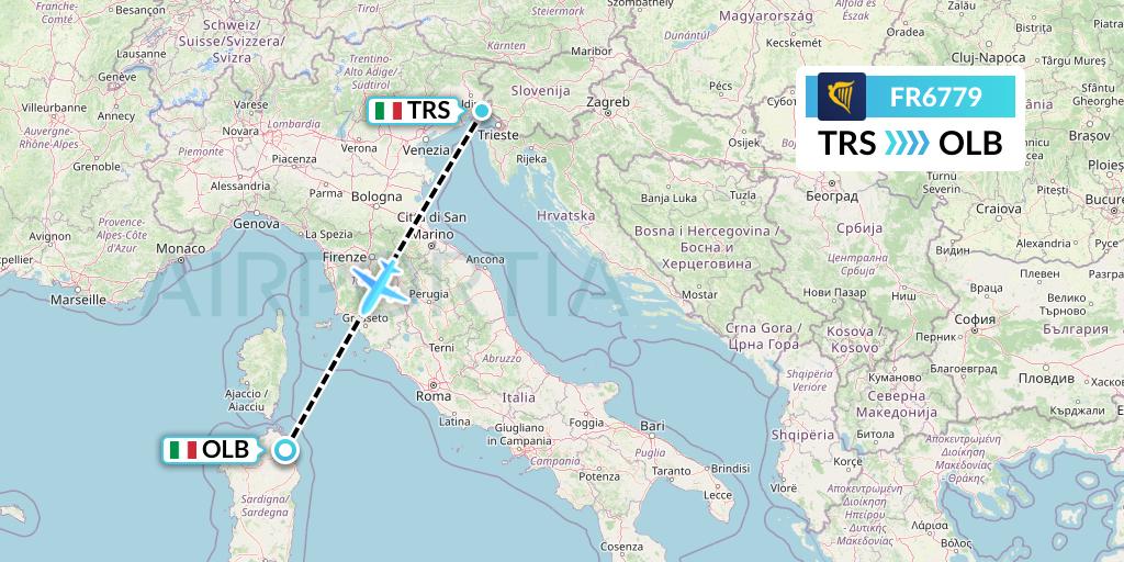 FR6779 Ryanair Flight Map: Trieste to Olbia