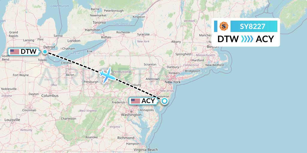 SY8227 Sun Country Airlines Flight Map: Detroit to Atlantic City
