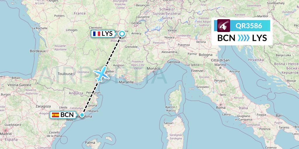 QR3586 Qatar Airways Flight Map: Barcelona to Lyon