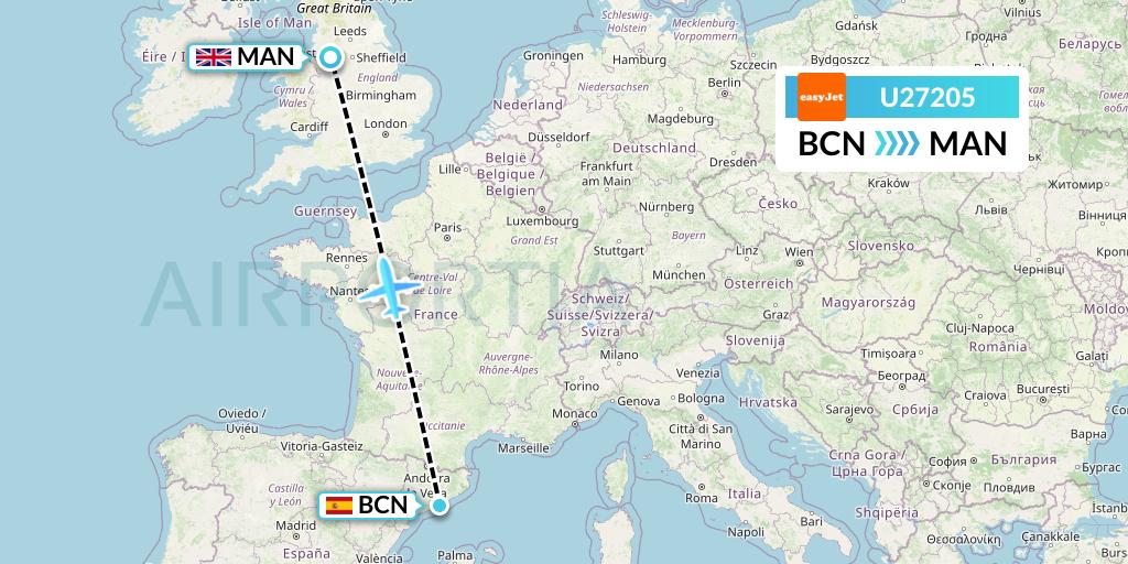 U27205 EasyJet Flight Map: Barcelona to Manchester