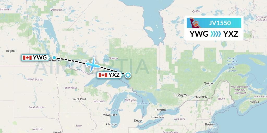 JV1550 Bearskin Airlines Flight Map: Winnipeg to Wawa