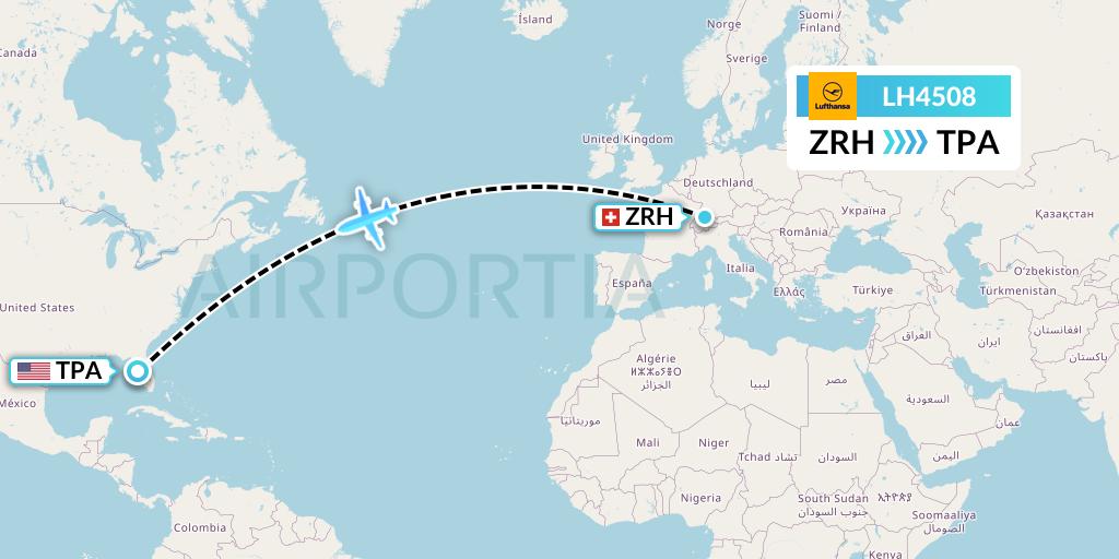 LH4508 Lufthansa Flight Map: Zurich to Tampa