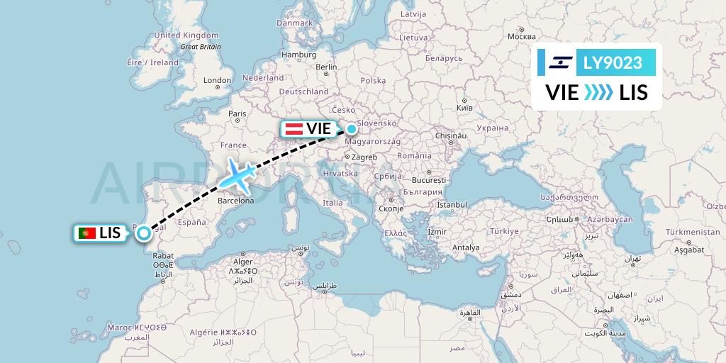 LY9023 El Al Flight Map: Vienna to Lisbon