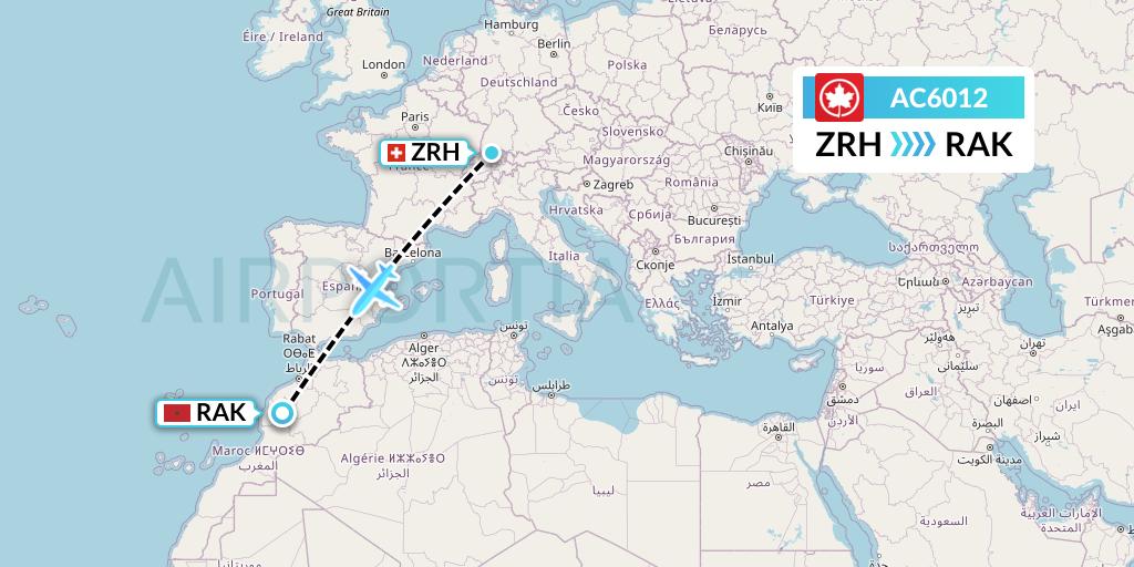 AC6012 Air Canada Flight Map: Zurich to Marrakesh 