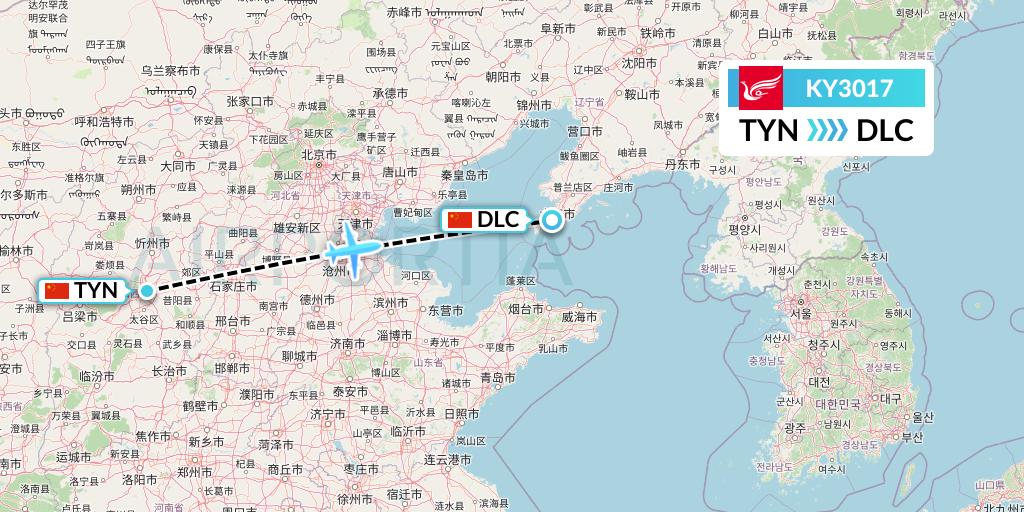 KY3017 Kunming Airlines Flight Map: Taiyuan to Dalian