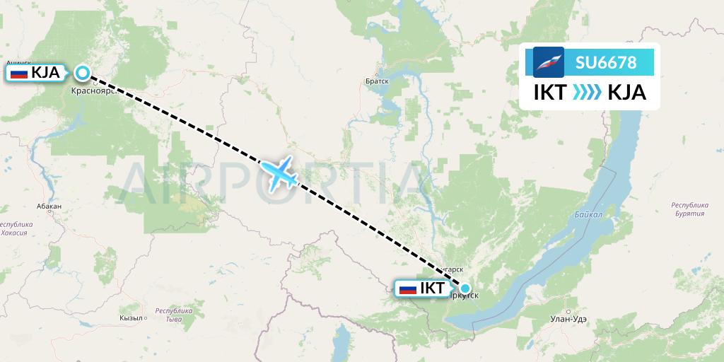 SU6678 Aeroflot Flight Map: Irkutsk to Krasnoyarsk