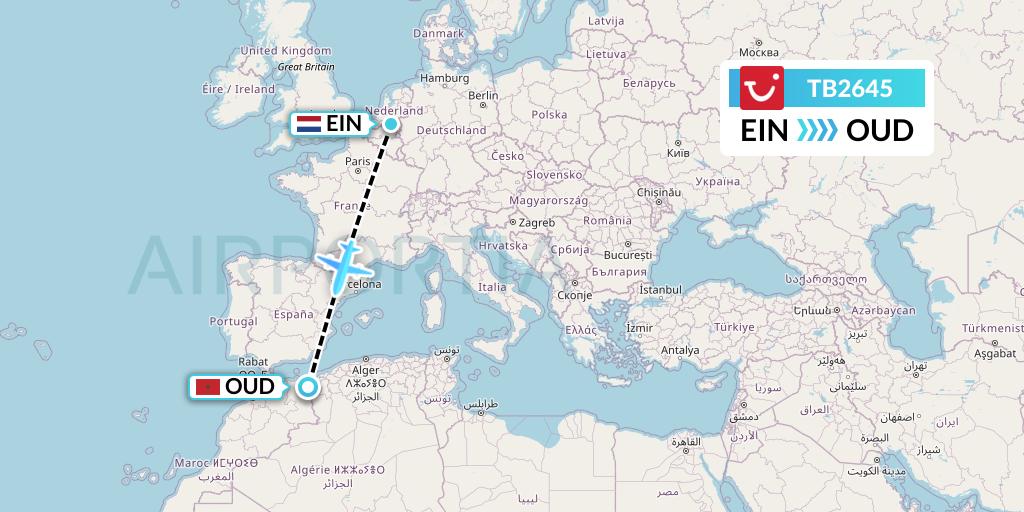 TB2645 TUI fly Belgium Flight Map: Eindhoven to Oujda