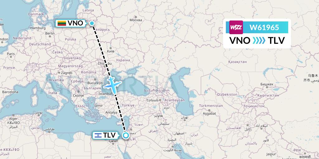 W61965 Wizz Air Flight Map: Vilnius to Tel Aviv
