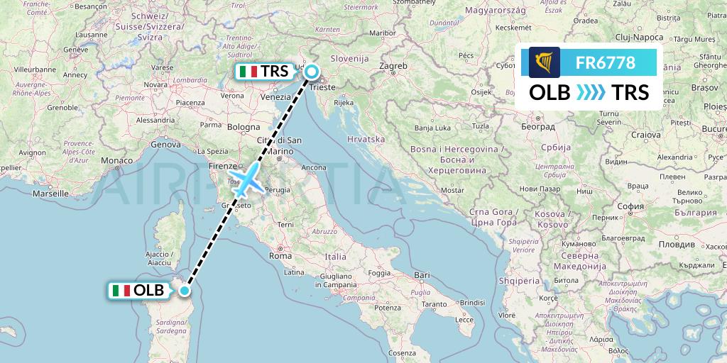 FR6778 Ryanair Flight Map: Olbia to Trieste