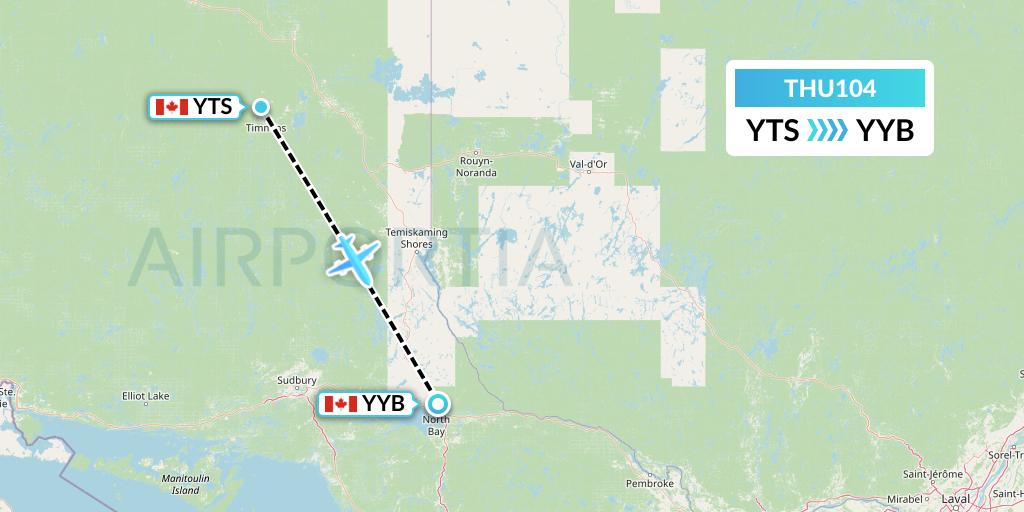THU104 Thunder Airlines Flight Map: Timmins to North Bay