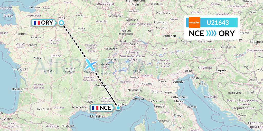 U21643 EasyJet Flight Map: Nice to Paris