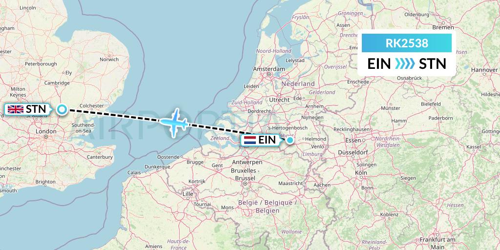 RK2538 Ryanair UK Flight Map: Eindhoven to London