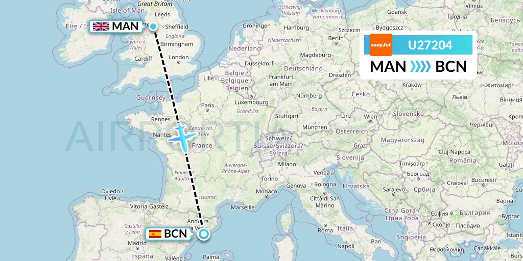U27204 EasyJet Flight Map: Manchester to Barcelona