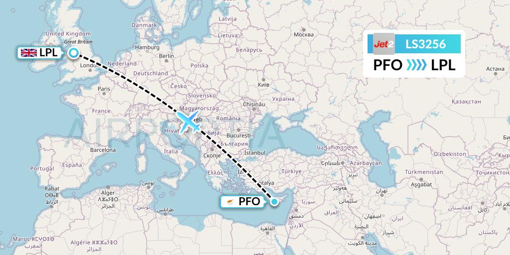 LS3256 Jet2 Flight Map: Pafos to Liverpool