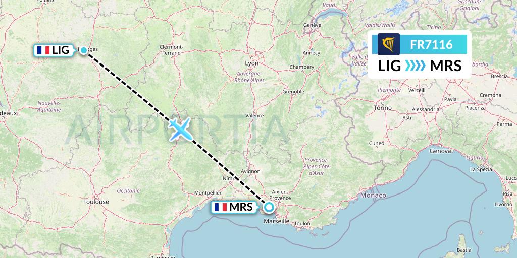 FR7116 Ryanair Flight Map: Limoges to Marseille