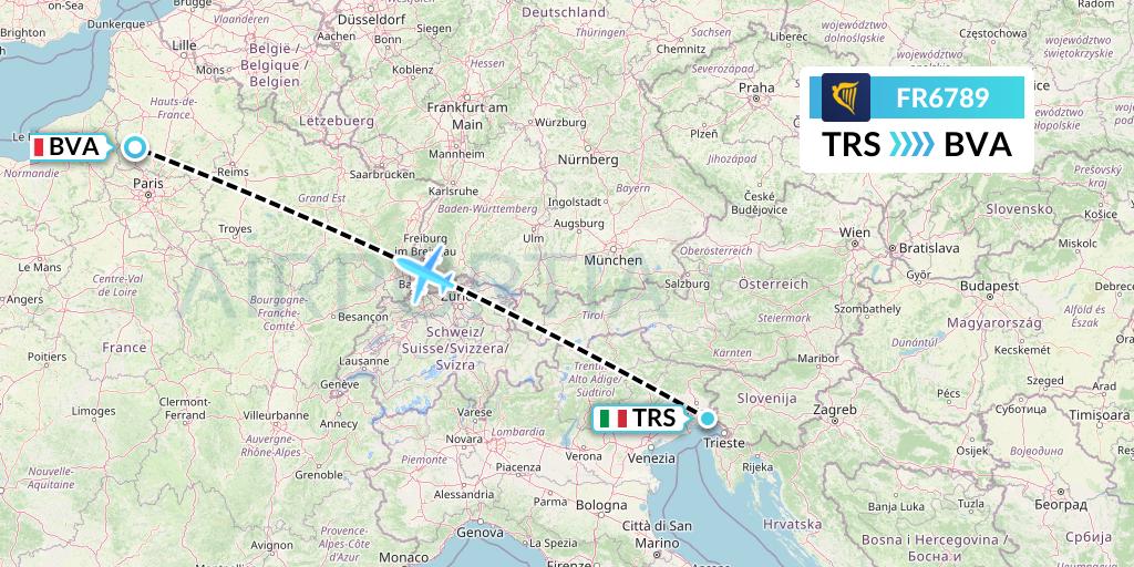 FR6789 Ryanair Flight Map: Trieste to Paris