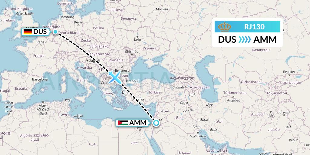 RJ130 Royal Jordanian Flight Map: Dusseldorf to Amman