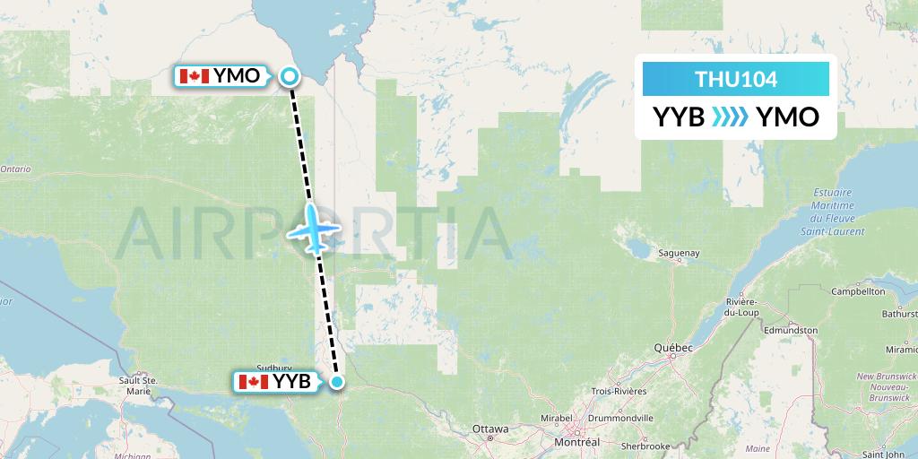 THU104 Thunder Airlines Flight Map: North Bay to Moosonee