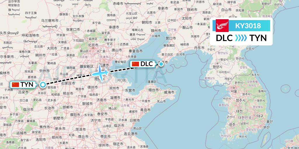 KY3018 Kunming Airlines Flight Map: Dalian to Taiyuan