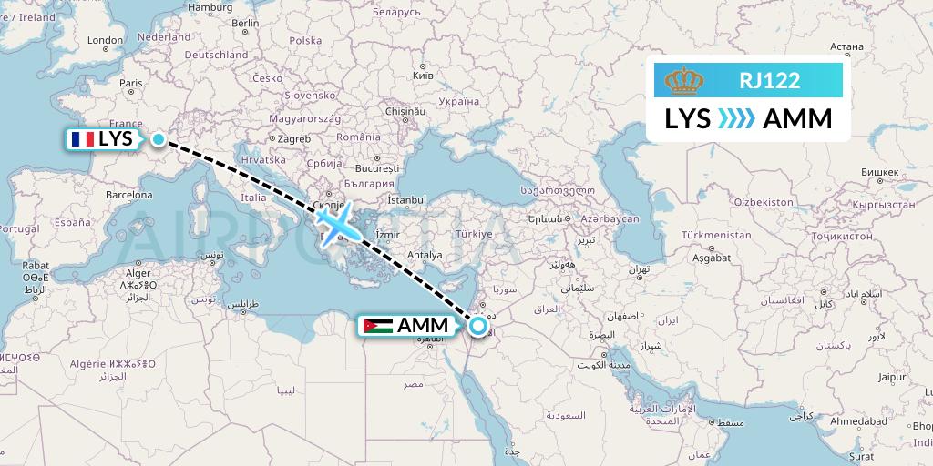 RJ122 Royal Jordanian Flight Map: Lyon to Amman