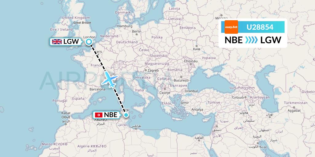 U28854 EasyJet Flight Map: Enfidha to London