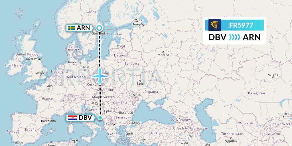 FR5977 Ryanair Flight Map: Dubrovnik to Stockholm