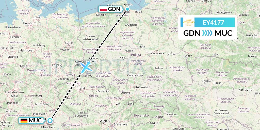 EY4177 Etihad Airways Flight Map: Gdansk to Munich