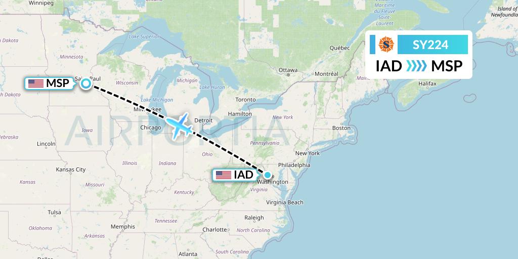 SY224 Sun Country Airlines Flight Map: Washington to Minneapolis