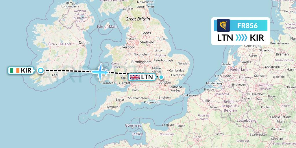 FR856 Ryanair Flight Map: London to Kerry