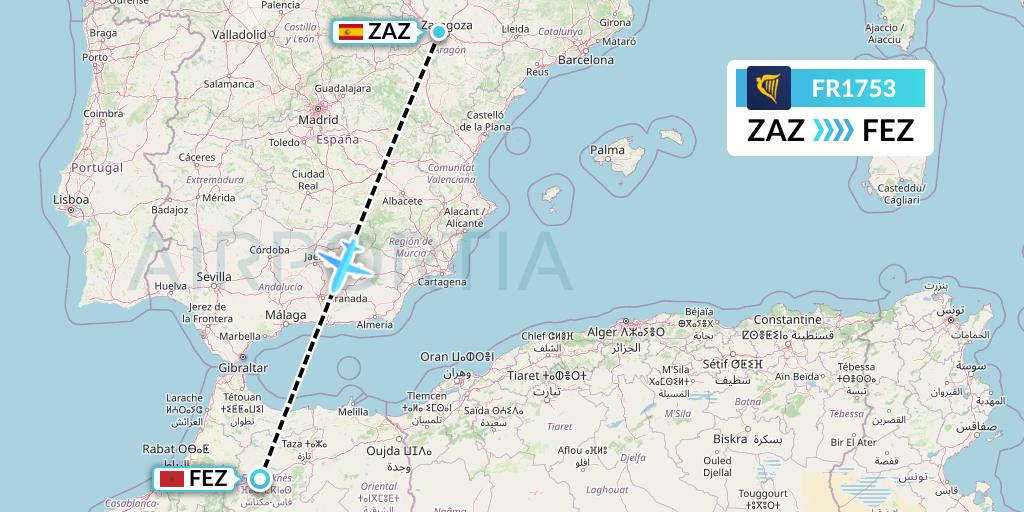 FR1753 Ryanair Flight Map: Zaragoza to Fes