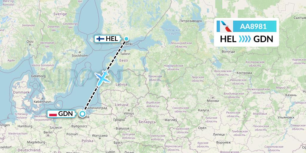 AA8981 American Airlines Flight Map: Helsinki to Gdansk