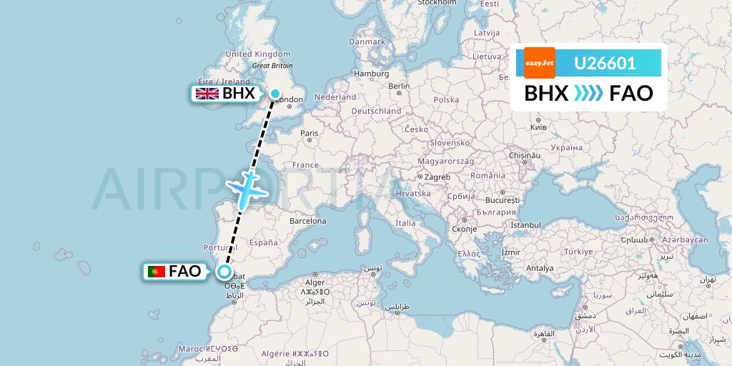 U26601 EasyJet Flight Map: Birmingham to Faro