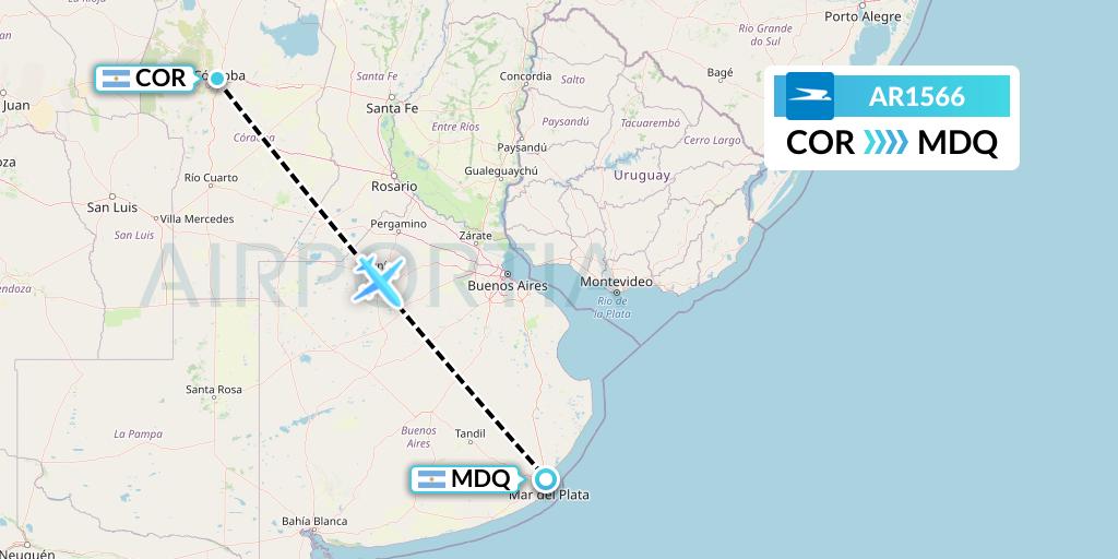 AR1566 Aerolineas Argentinas Flight Map: Cordoba to Mar del Plata