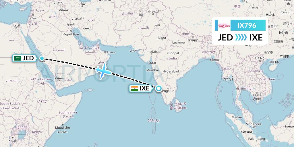 IX796 Air India Express Flight Map: Jeddah to Mangalore