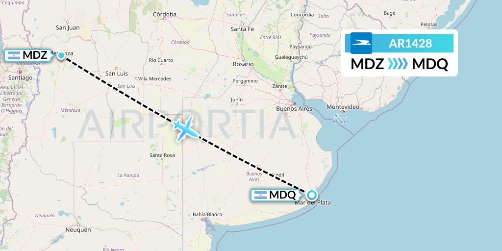 AR1428 Aerolineas Argentinas Flight Map: Mendoza to Mar del Plata