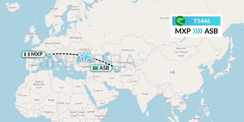 T5446 Turkmenistan Airlines Flight Map: Milan to Ashgabat