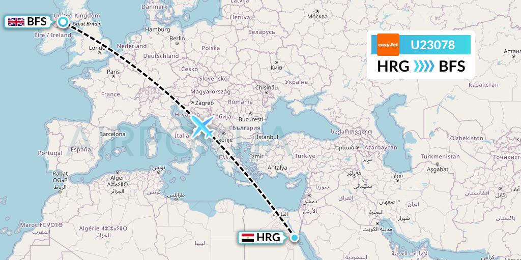 U23078 EasyJet Flight Map: Hurghada to Belfast