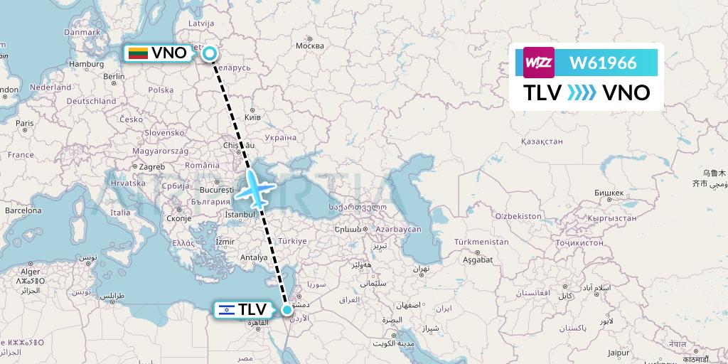 W61966 Wizz Air Flight Map: Tel Aviv to Vilnius